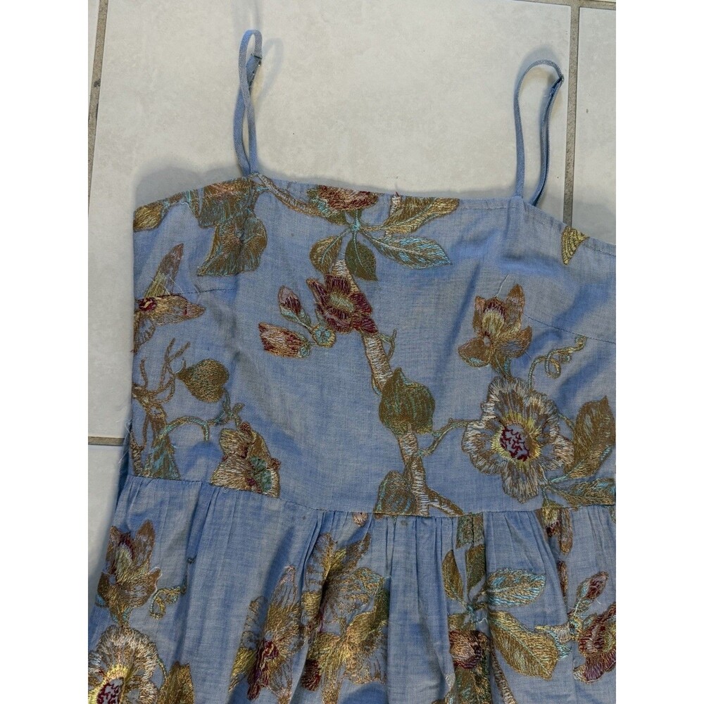 Rose And Rose Blue Embroidered Floral Midi Dress Small Tie Waist Cottagecore - Picture 4 of 10